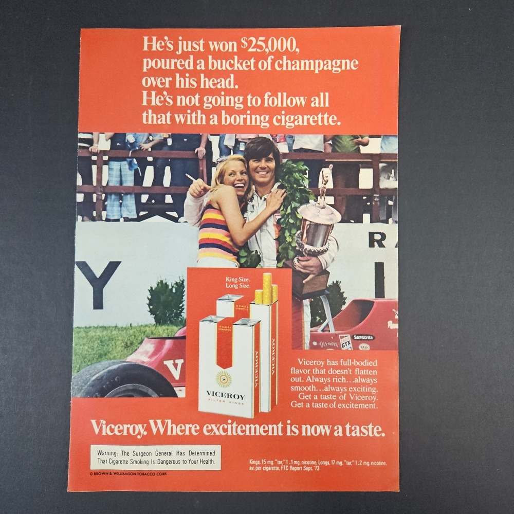 1974 Brown & Williamson Tobacco Viceroy Cigarettes Vintage Print Ad F1 Racecar